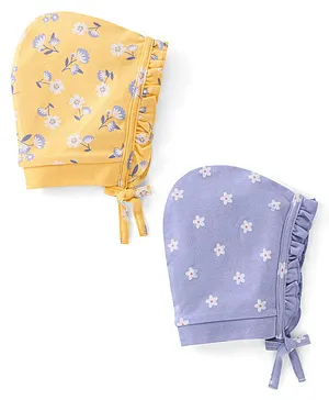 Babyhug 100% Cotton Caps Floral Print Pack of 2  Purple & Yellow - Diameter 13.5 Cm