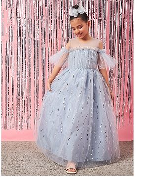 Pspeaches Cold Shoulder Seamless Foil Printed & Ruffle Detailed Fit & Flare Gown - Grey