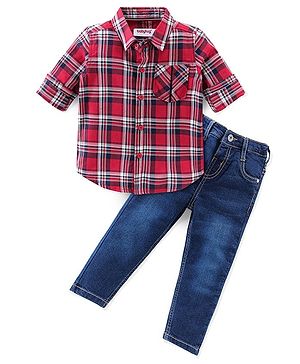 Babyhug 100% Cotton Knit Full Sleeves Shirt & Jeans Checkered - Red & Blue