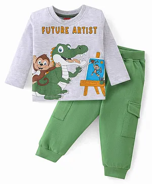 Babyhug 100% Cotton Knit Full Sleeves T-Shirt & Lounge Pant Set Monkey Print - Green & White