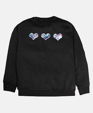 Kiddopanti Full Sleeves Placement Sequin Heart Embellished Sweatshirt - Black