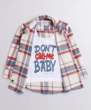 Polka Tots Full Sleeves Plaid Checked Shirt With Typography Printed Tee - Red And Cream