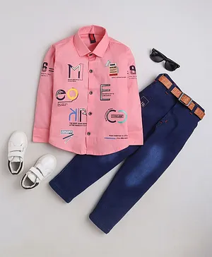 Fourfolds Full Sleeves Text Printed Shirt With Embroidered Pant - Pink