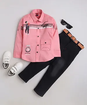 Fourfolds Full Sleeves Placement Striped Shirt With Embroidered Pant - Pink
