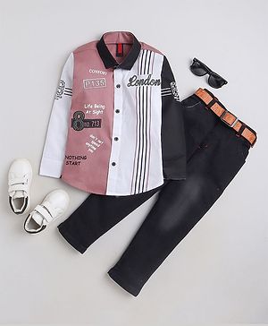 Fourfolds Full Sleeves Placement Striped & Text Printed Shirt With Embroidered Pant - Pink