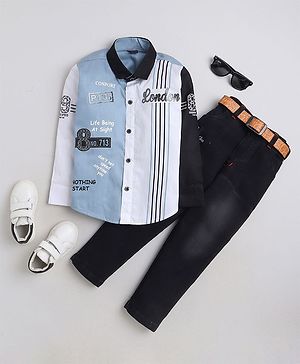 Fourfolds Full Sleeves Placement Striped & Text Printed Shirt With Embroidered Pant - Sky Blue