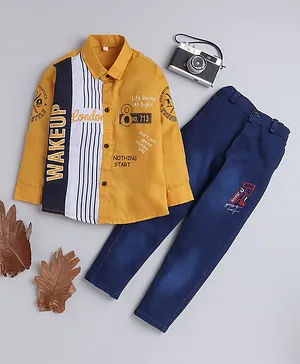 Fourfolds Full Sleeves Placement Text Printed & Striped Colour Blocked Shirt With Embroidered Pant - Yellow