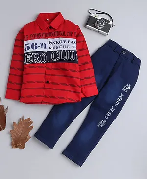 Fourfolds Full Sleeves Striped & Placement Text Printed Colour Blocked Shirt With Embroidered Pant - Red