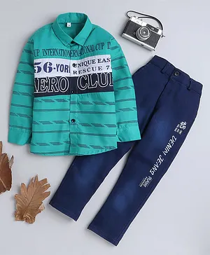 Fourfolds Full Sleeves Striped & Placement Text Printed Colour Blocked Shirt With Embroidered Pant - Sea Green