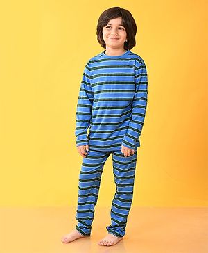 Anthrilo Full Sleeves Rugby Striped Coordinating Tee & Pajama Set - Royal Blue & Green