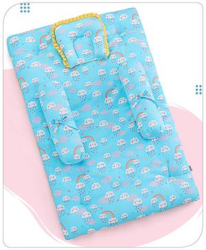 Babyhug 100% Cotton Bedding Set with Neck Pillow And Bolsters Set Cloud Rainbow Print - Blue Babyhug 100% Cotton Bedding Set with Neck Pillow And Bolsters Set Cloud Rainbow Print - Blue