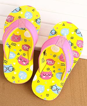 Cute Walk by Babyhug Slip On Flip Flops Kitty Print- Yellow & Pink