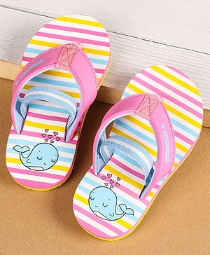 Cute Walk by Babyhug Slip On Flip Flops Stripes & Whale Print- Pink & Yellow