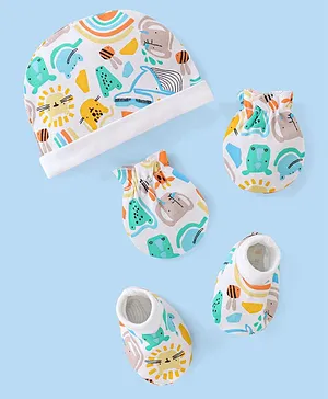Babyhug 100% Cotton Knit Cap Mittens & Booties  Animal Print- Multicolor