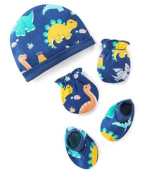 Babyhug 100% Cotton Knit Cap Mittens and Booties Dino Print - Navy Blue