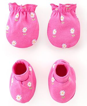 Babyhug 100% Cotton Knit Mittens & Booties Set Floral Print - Pink