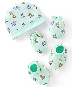 Babyhug 100% Cotton Knit Cap Mittens and Booties Animal Print - Blue