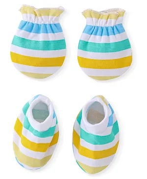 Babyhug 100% Cotton Knit Mittens & Booties Set Striped - Multicolour