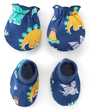 Babyhug 100% Cotton Knit Mittens and Booties Dino Print - Navy Blue