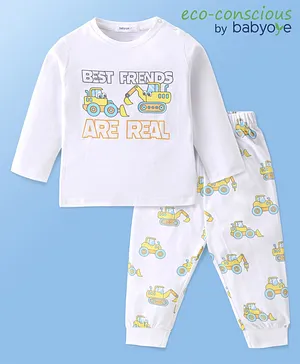 Babyoye Cotton Modal Full Sleeves Night Suit With Text & JCB Print - Yellow & White