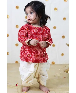 Tiber Taber  Full Sleeves Bandhani Design & Lace Embellished Kurta With Coordinating Dhoti Set - Red