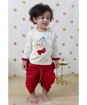 Tiber Taber Full Sleeves Ganesha Embroidered & Lace Embellished Kurta With Coordinating Dhoti Set - Cream