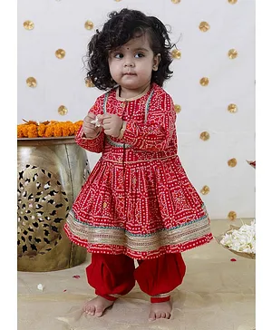 Tiber Taber Full Sleeves Bandhej Designed & Lace Embellished Kurta & Salwar - Red