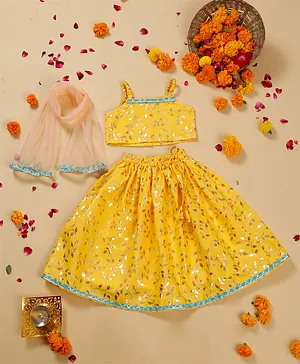 Saka Designs Sleeveless Choli and Lehenga Set with Lace Border Dupatta Floral Glitter Print - Yellow