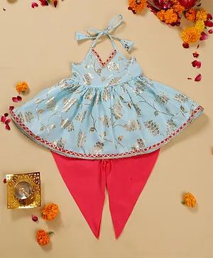 Saka Designs Sleeveless Halter Neck Backless Kurta and Dhoti Style Salwar Set Glitter Print - Sky Blue
