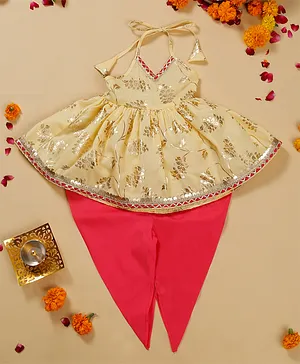 Saka Designs Sleeveless Halter Neck Backless Kurta and Dhoti Style Salwar Set Glitter Print - Light Yellow