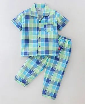Fido Cotton Single Jersey Knit Half Sleeves Checkered Night Suit - Green & Blue