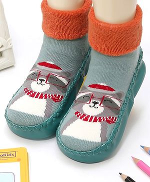 Yellow Bee Cat Printed Anti Skid Socks Shoes - Green & Orange