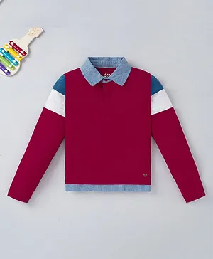 Ed-a-Mamma Full Sleeves Colour Blocked Sustainable Woven Collared Polo Tee - Maroon