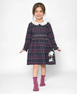 Mi Arcus Peanuts Featuring 100% Cotton Full Sleeves Floral Collar Embroidered & Checked Fit & Flare  Winter Wear Dress - Blue