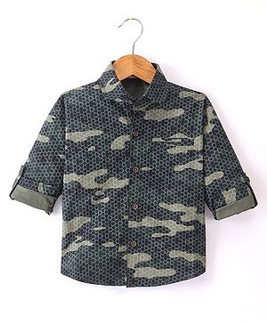 Rikidoos Full Sleeves Geometric Detailed Shirt - Bottle Green