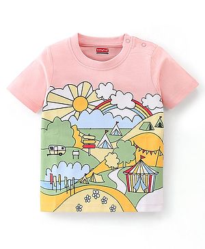 Babyhug 100% Cotton Knit Half Sleeves T-Shirt Tent Graphics - Peach