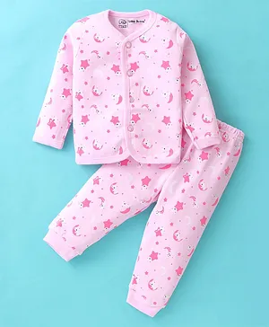Little Darlings Cotton Knit Full Sleeves Moon Printed Night Suit - Pink