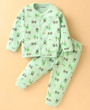 Little Darlings Cotton Knit Full Sleeves Farm Printed Night Suit - Green