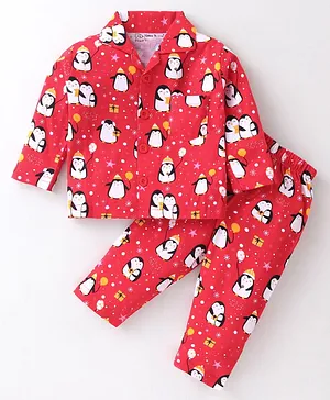 Little Darlings Cotton Knit Full Sleeves Penguins Printed Night Suit - Red