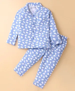 Little Darlings Cotton Knit Full Sleeves Night Suit With Elephant Print - Blue