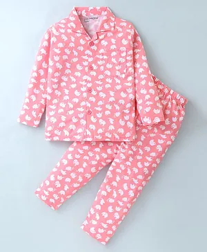 Little Darlings Cotton Knit Full Sleeves Night Suit With Elephant Print - Peach