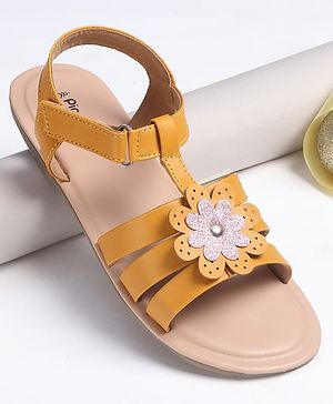 Pine Kids Sandals with Velcro Closure Flower Applique- Yellow