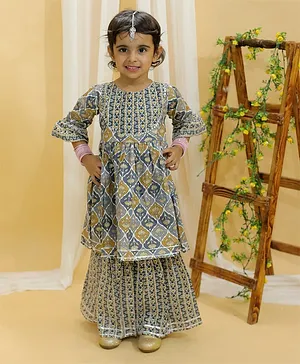 The Mom Store Three Fourth Bell Sleeves Floral Pattern Striped Design Motif Coordinating Kurta & Sharara - Yellow & Grey