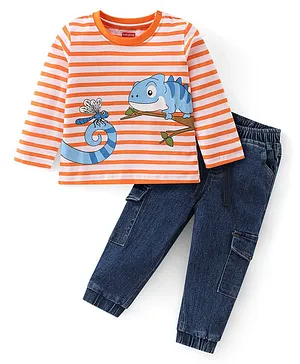 Babyhug Cotton Knit Half Sleeves T-Shirt & Lounge Pant With Striped & Chameleon Print - Orange & Navy Blue