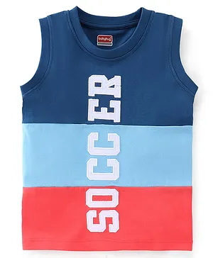 Babyhug 100% Cotton Knit Sleeveless T-Shirt With Graphics and Text Applique Detailing - Red & Blue