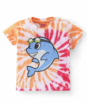 Babyhug Cotton Knit Half Sleeves T-Shirt Dolphin Printed - Orange & White