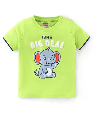 Babyhug Cotton Knit Half Sleeves Tee With Elephant Graphics- Lime Green