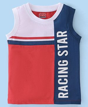 Babyhug Cotton Knit Sleeveless T-Shirt with Text Graphics Print - Red & Navy Blue