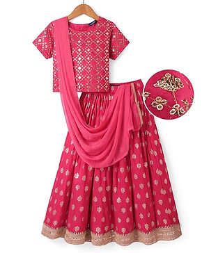 Pine Kids Woven Sequin Embroidered Half Sleeves Choli Lehenga Set with Dupatta - Pink