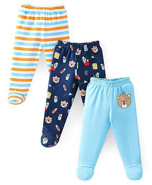 Babyhug Cotton Footed Bootie Leggings Striped & Bear Print Pack of 3 - Blue & Orange